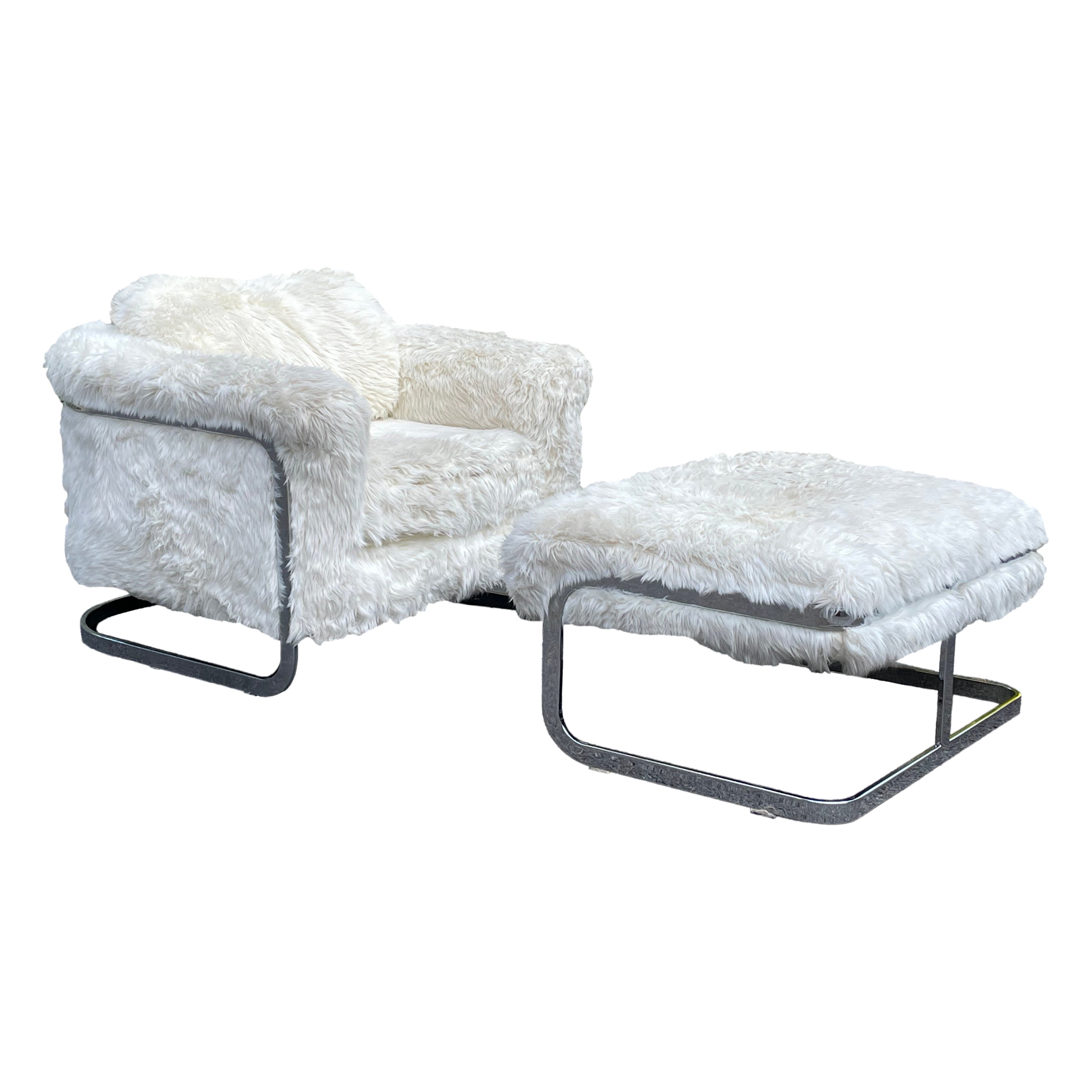 Milo Baughman Barrel Back Chrome Flat Bar Lounge Chair & Ottoman with Faux Fur