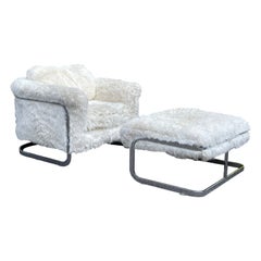 Milo Baughman Barrel Back Chrome Flat Bar Lounge Chair & Ottoman with Faux Fur