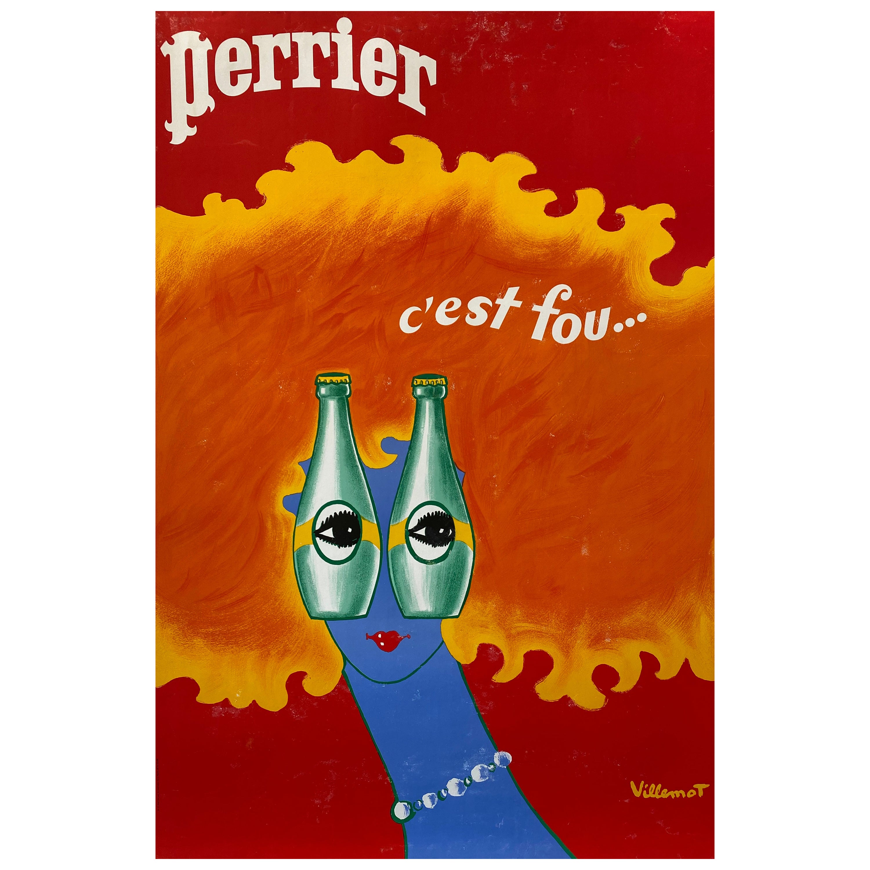 Original Vintage French Advertising Poster, 'Perrier c'est fou...' by Villemot 
