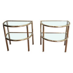 Vintage Pair of Rounded Brass and Silvered Side Tables