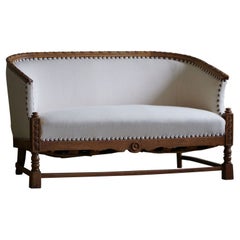 Antique Sculptural 2-Seater Sofa in Oak & Wool, Danish "Skønvirke" Style, 1920s