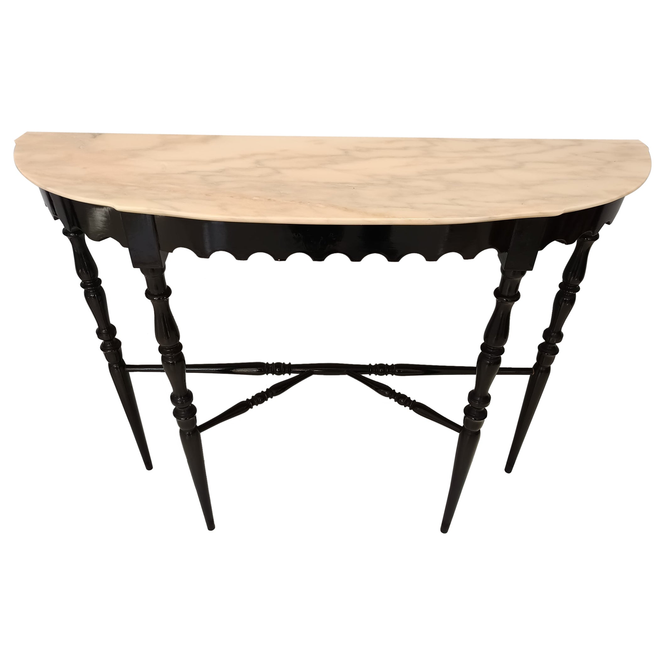 Black Lacquered Beech Console with Demilune Portuguese Pink Marble Top, Italy