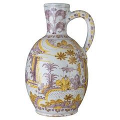 Antique Delft, extra large purple and yellow chinoiserie wine jug 1680-1700
