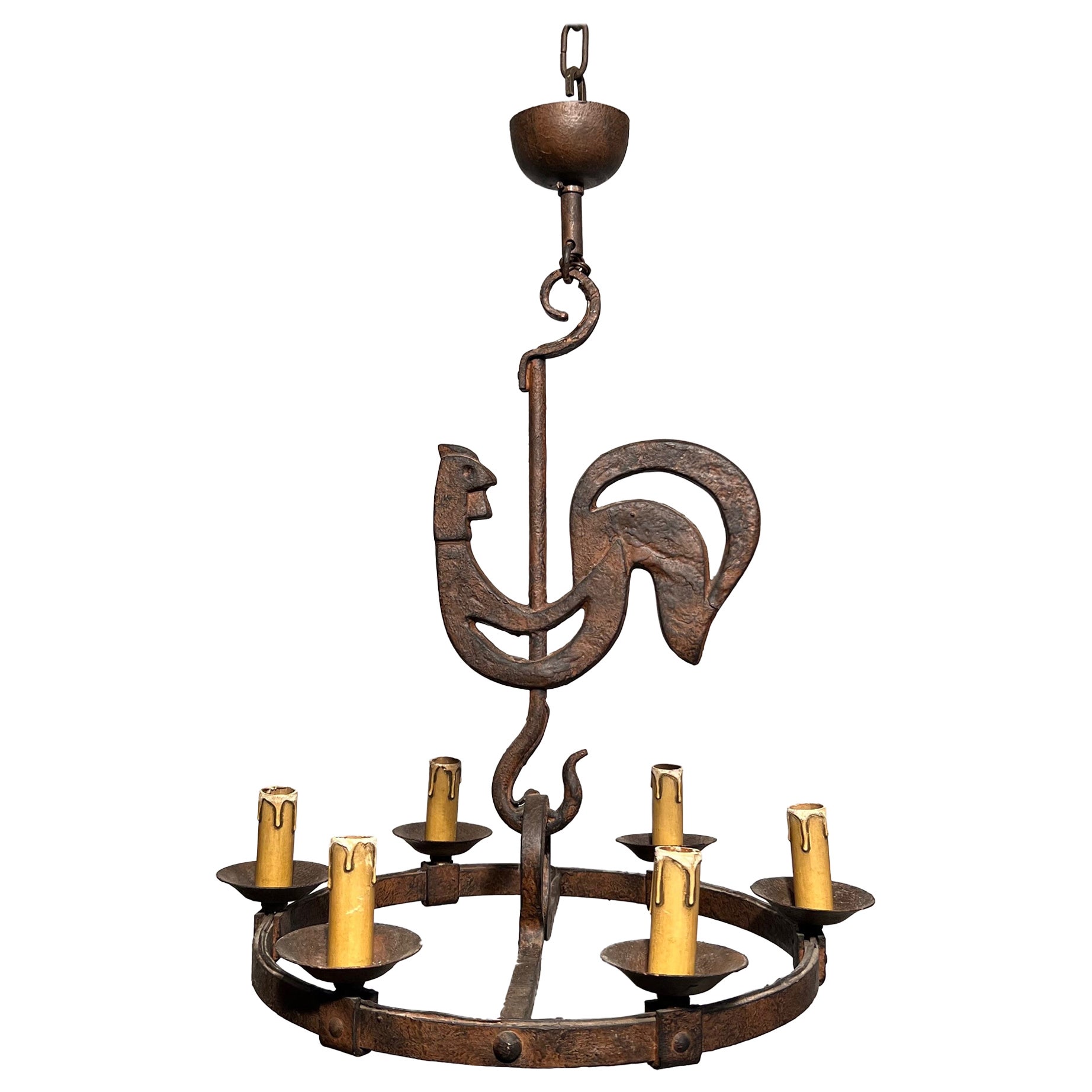 Wrought Iron Rooster Chandelier by jean Touret for the Atelier Marolles