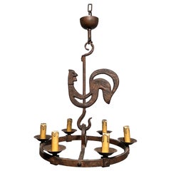 Vintage Wrought Iron Rooster Chandelier by jean Touret for the Atelier Marolles
