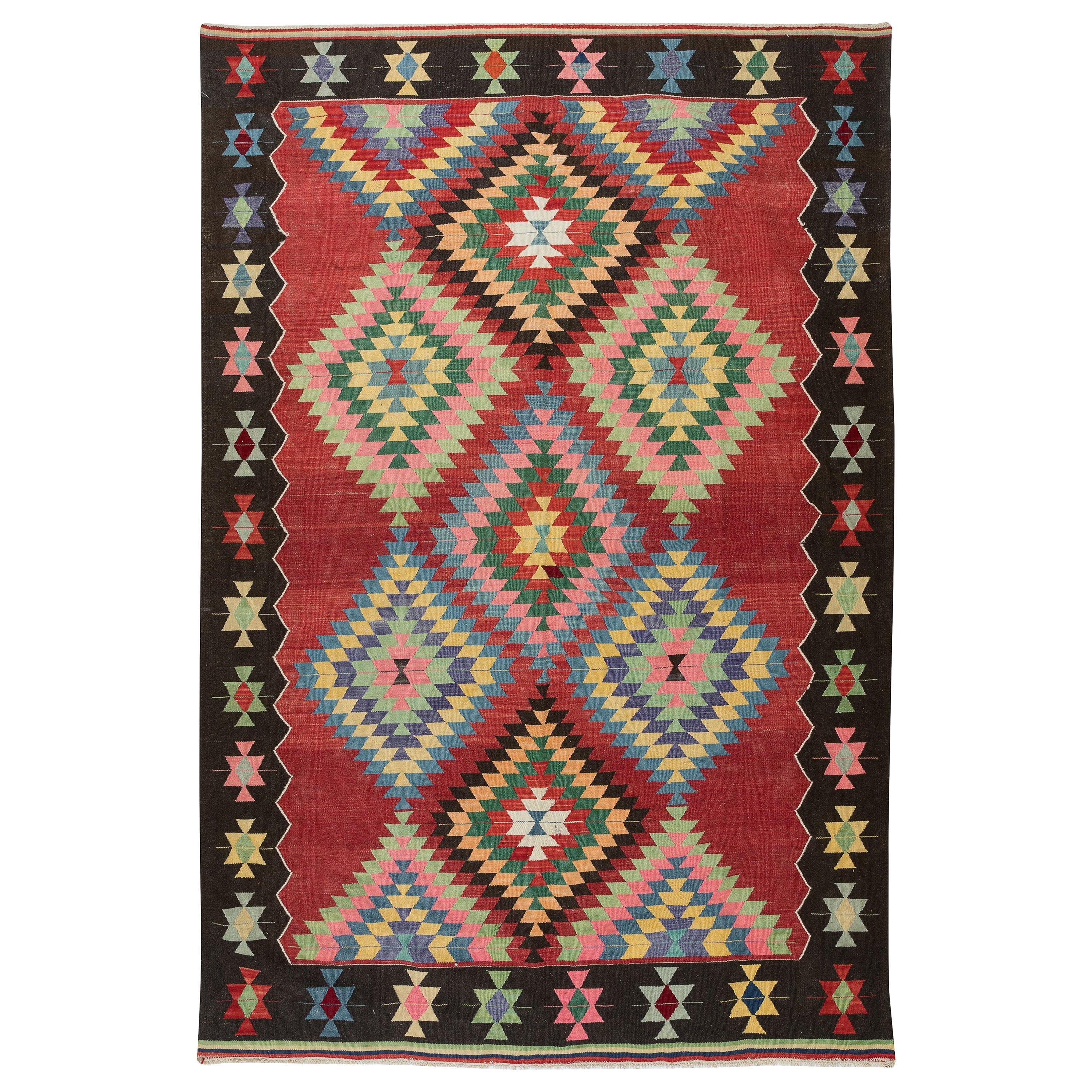 6x8.7 Ft Vintage Handmade Turkish Wool Kilim Rug in Red with Geometric Design