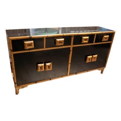 Vintage 1970s Spanish Black Bamboo and Formica Sideboard with Drawers and Doors