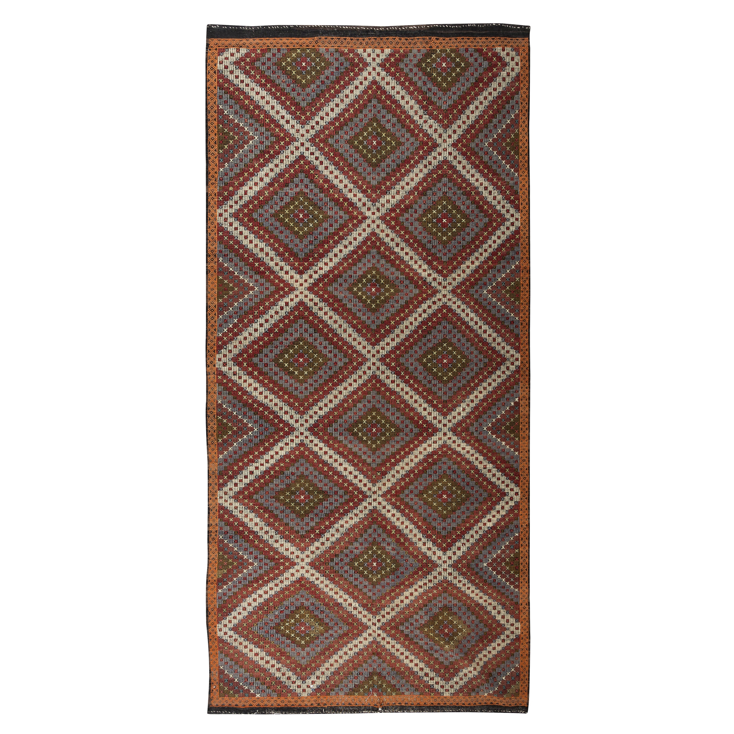 6x12.3 ft Vintage Turkish Wool Jajim Kilim, Embroidered Handwoven Bohemian Rug
