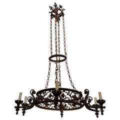 Antique Important Wrought Iron Castle Chandelier with 6 Arms in the Gothic Style