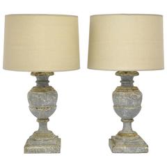 Pair of Italian Carved Lamp Bases with Two-Tone Antique Painted Finish