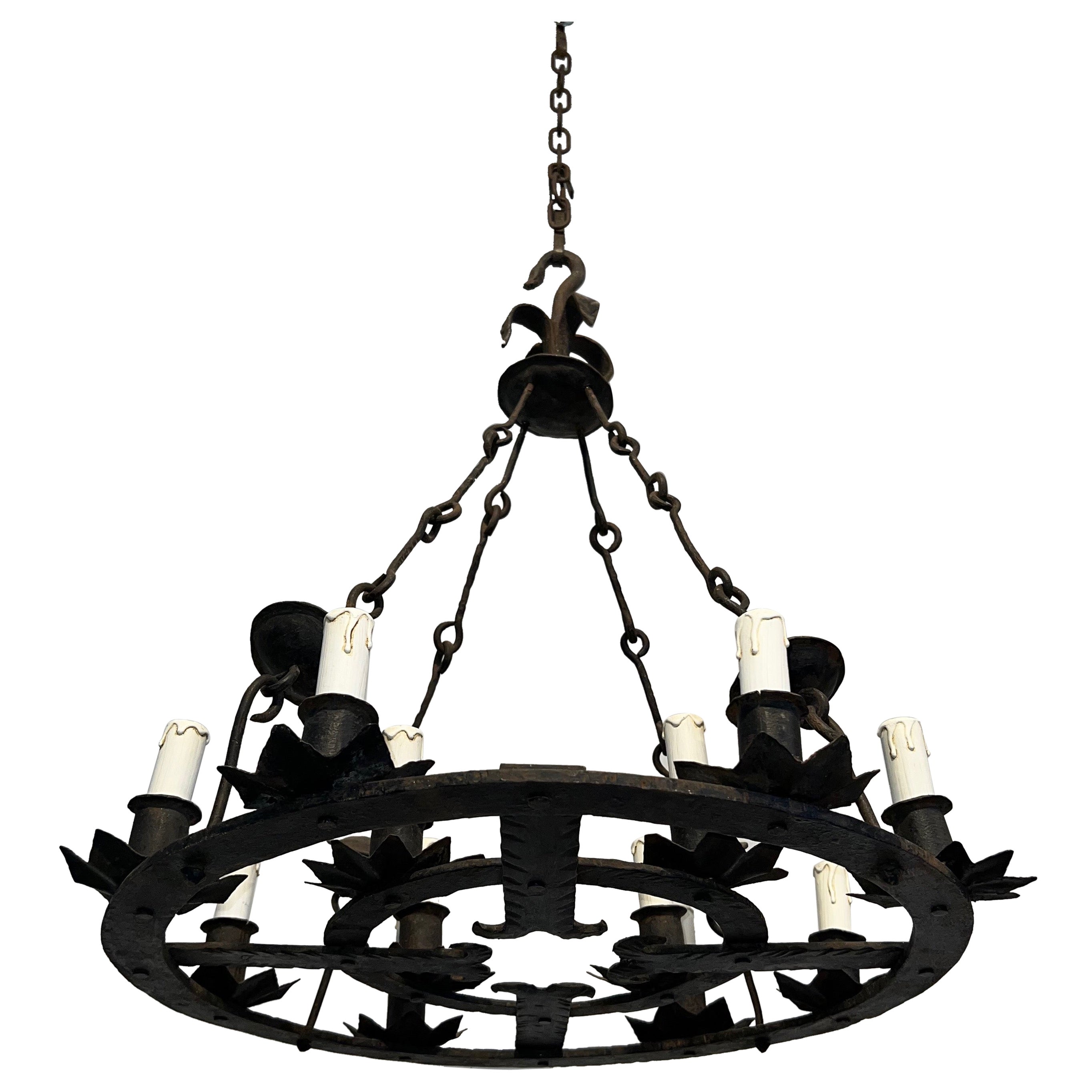 Wrought Iron Chandelier with 12 Lights in the Gothic Style. Circa 1950