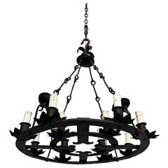 Wrought Iron Chandelier with 12 Lights in the Gothic Style. Circa 1950