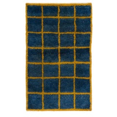 4x6.6 Ft New Handmade "Tulu" Rug in Blue & Amber Yellow Colors, Soft Wool Pile
