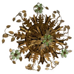 Flush Mount Maison Baguès Crystal Green Flowers Leaves Chandelier 15 Lights