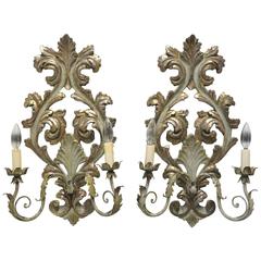 Pair of Italian Painted and Silver Leaf Wood Sconces