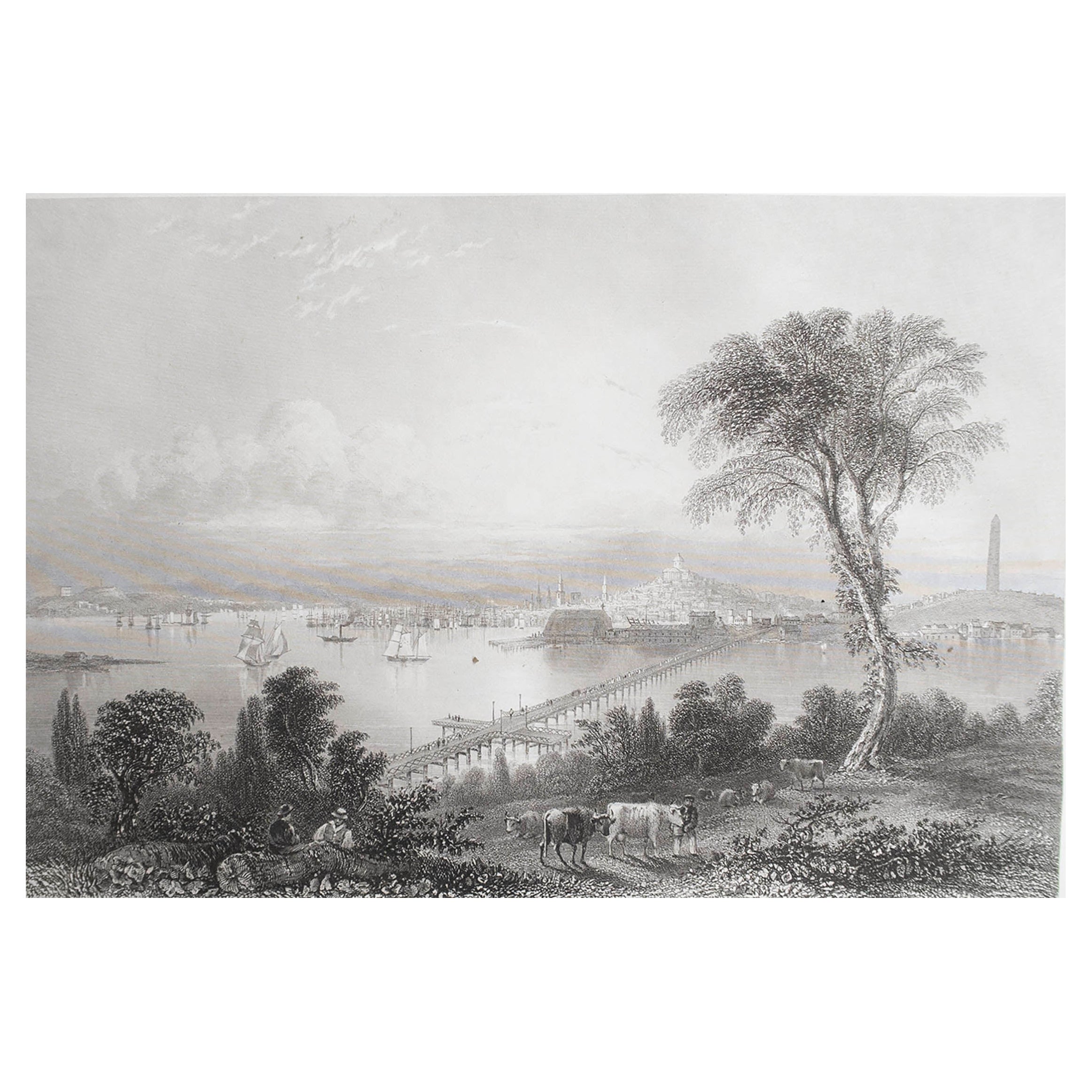 Grabado original antiguo de Boston, Massachusetts, hacia 1850