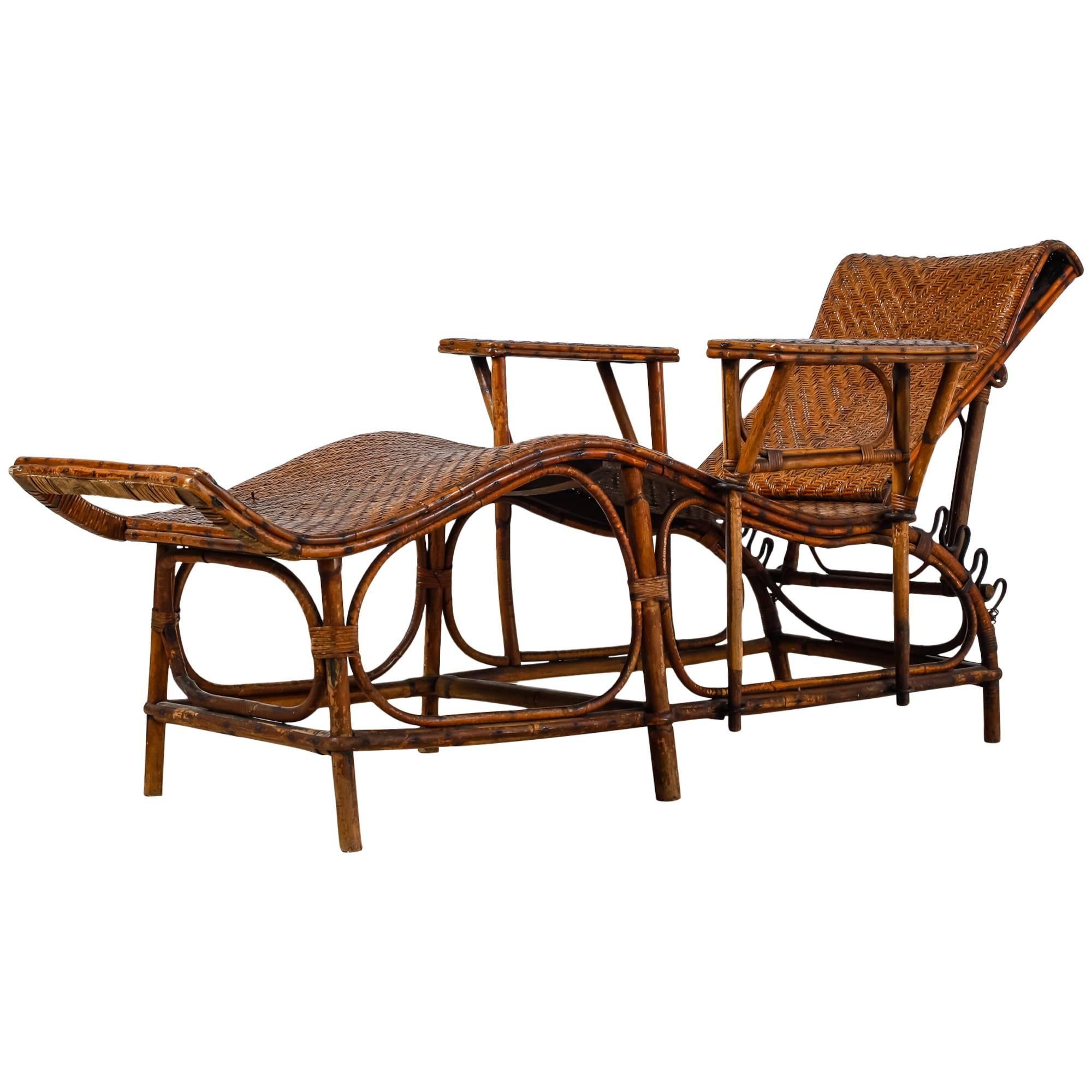 Adjustable Bamboo and Rattan Garden Chaise, Germany, 1920s-1930s For Sale