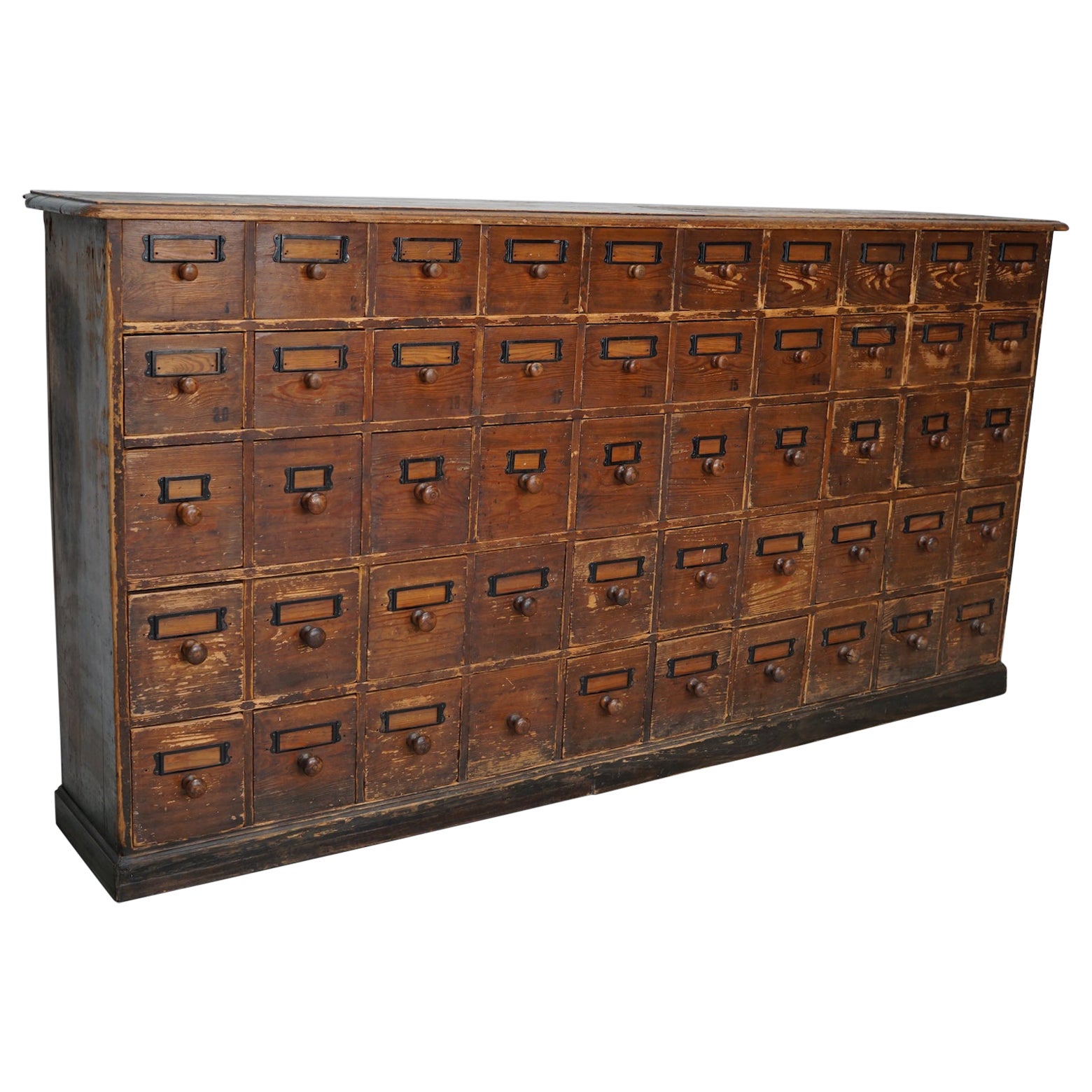 Antique Rustic German Pine Apothecary Cabinet / Bank of Drawers, Early 20thc