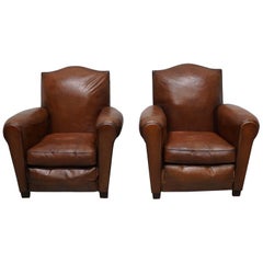 Vintage Pair of French Cognac Moustache Back Leather Club Chairs, 1940s