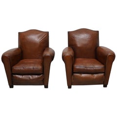 Pair of French Cognac Moustache Back Leather Club Chairs, 1940s