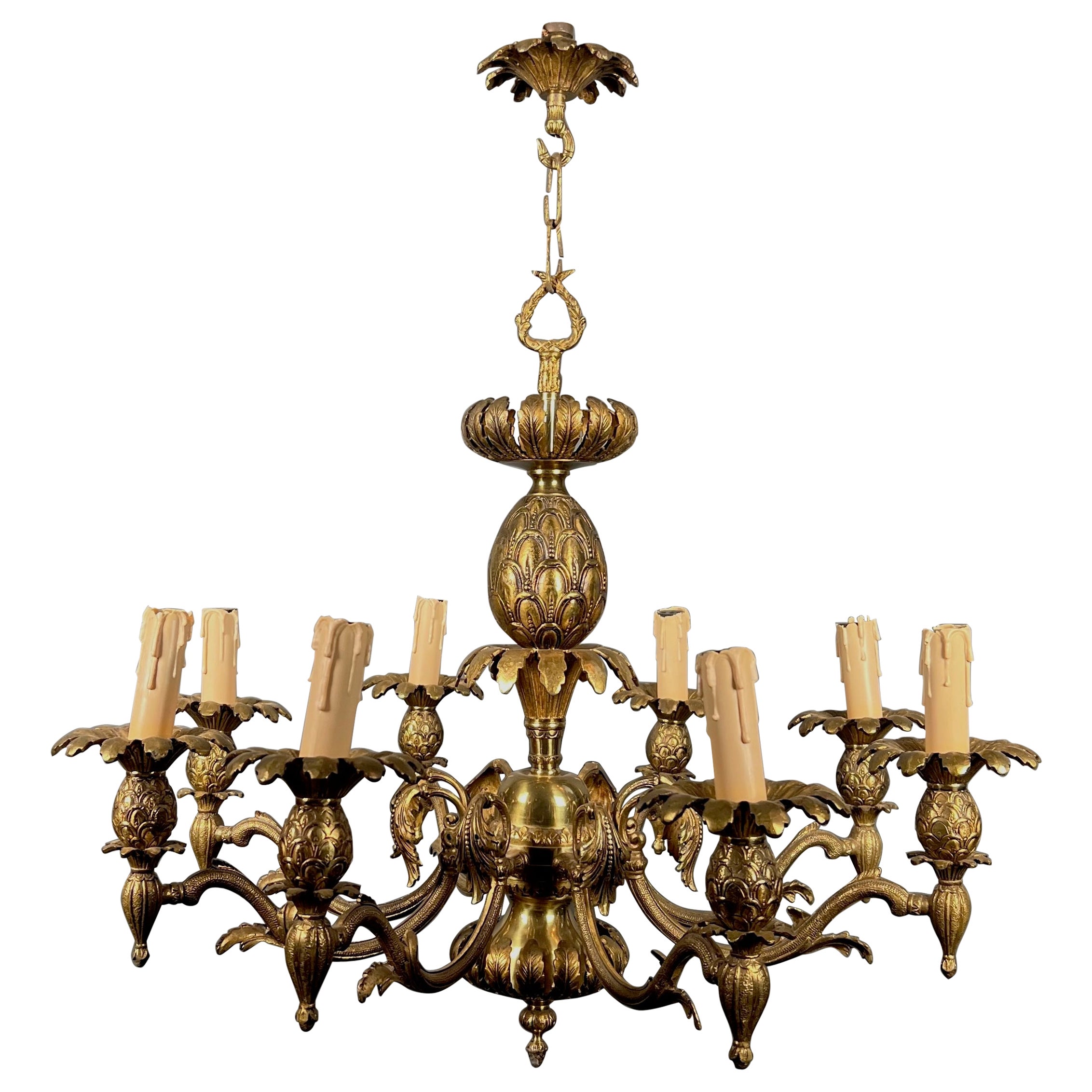 Pineapple Bronze Chandelier with 8 Arms in the Style of Maison Charles