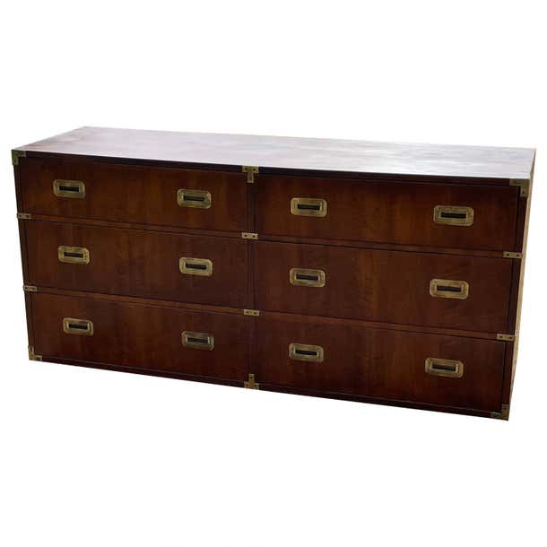 Mid Century Henredon Campaign Dresser with Six Drawers For Sale at 1stDibs