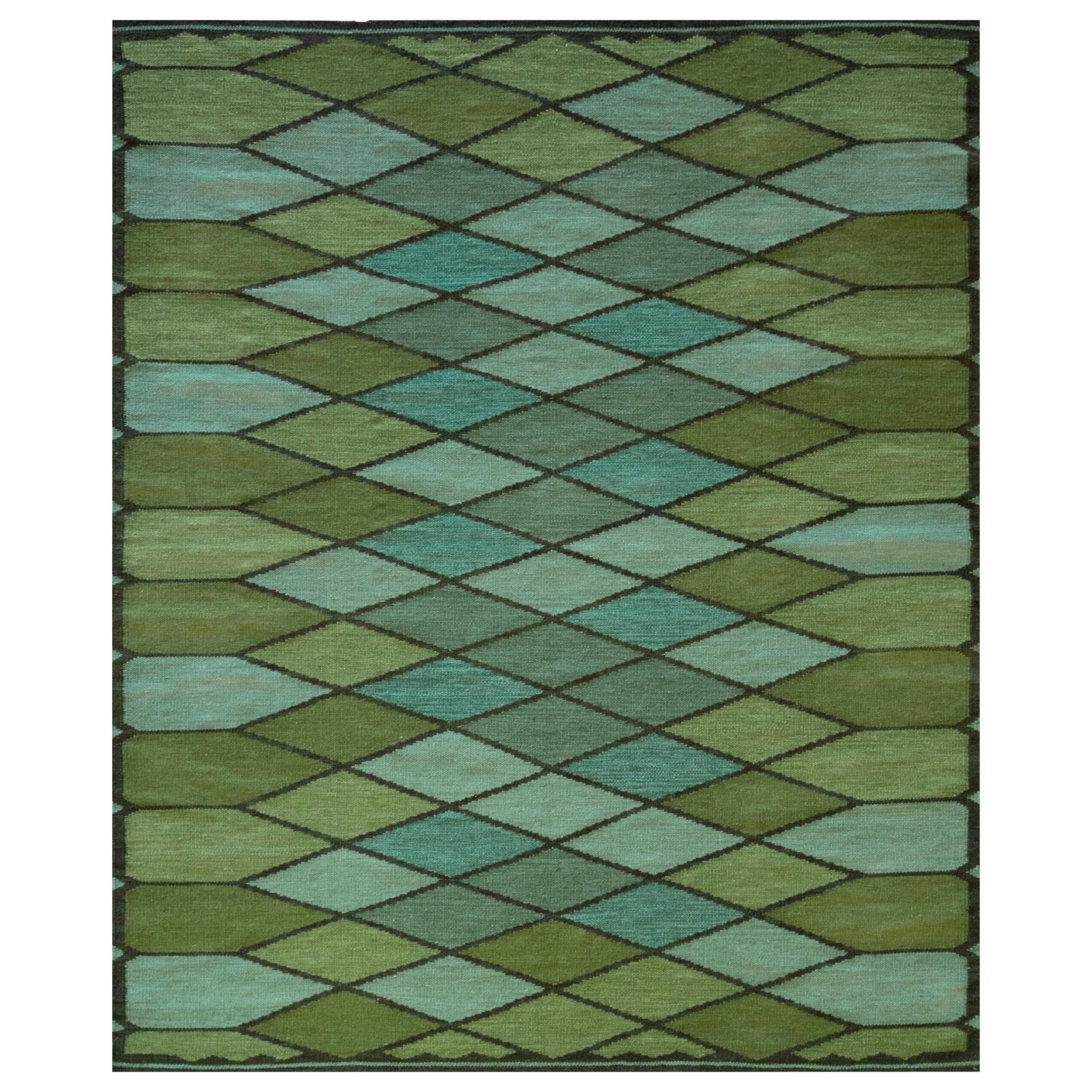 Hand-Woven Wool Contemporary Green Geometric Swedish-Inspired Rug 8x10