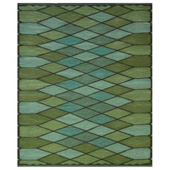 Hand-Woven Wool Contemporary Green Geometric Swedish-Inspired Rug 8x10