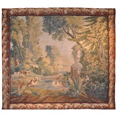 Large 18th Century French Pastoral Aubusson Tapestry with Goats and Flute Player