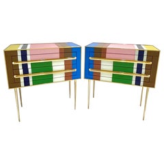 Bespoke Italian Pair of Mondrian Style Blue Green Yellow Chests / End Tables