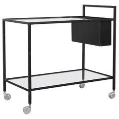 Herbert Hirche Black Metal Rolling Bar Cart w/ Glass Shelves and Bottle Holders