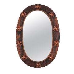 Spanish Colonial Oval Mirror in Carved Wood with Copper Metal Flowers