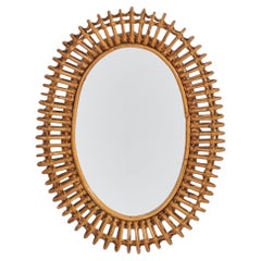 Diseñador italiano, espejo de pared, ratán, espejo de cristal, Italia, años 1950