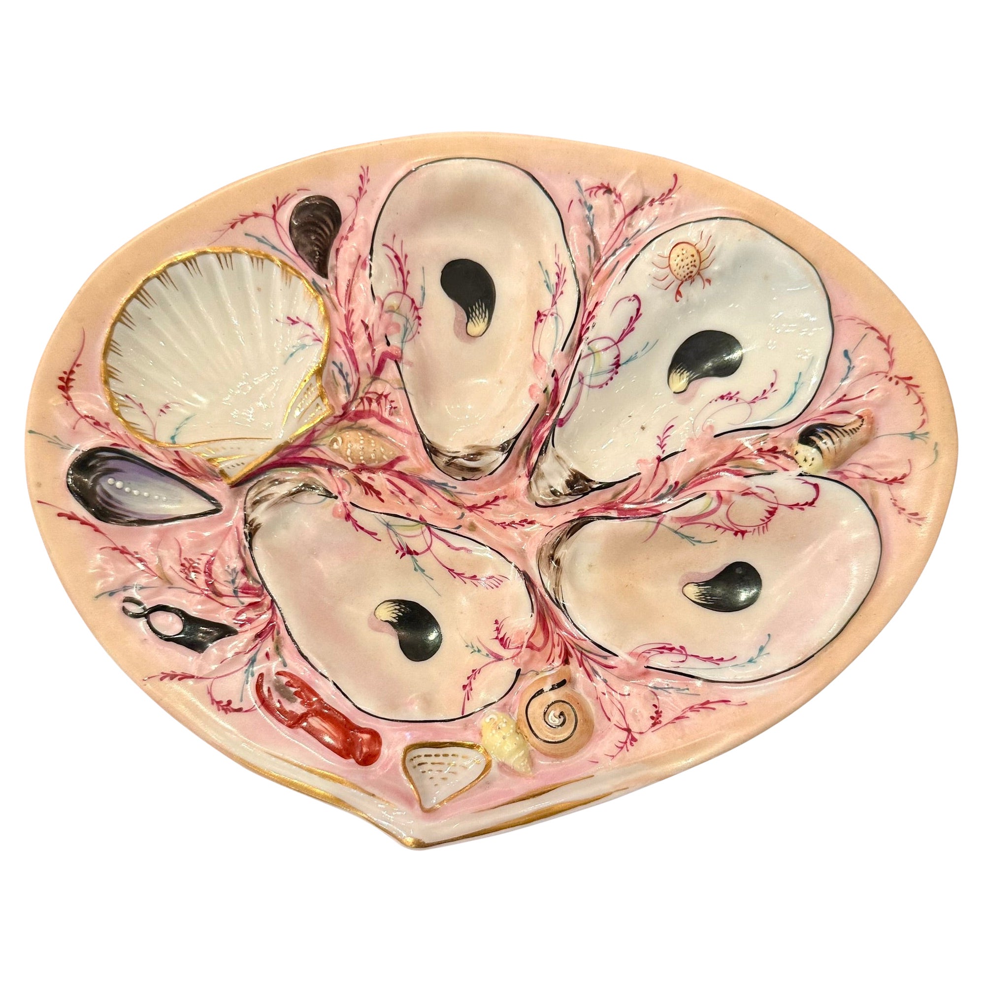 Antique American "UPW" Porcelain Pink & Peach Sea Life Oyster Plate, Circa 1880.