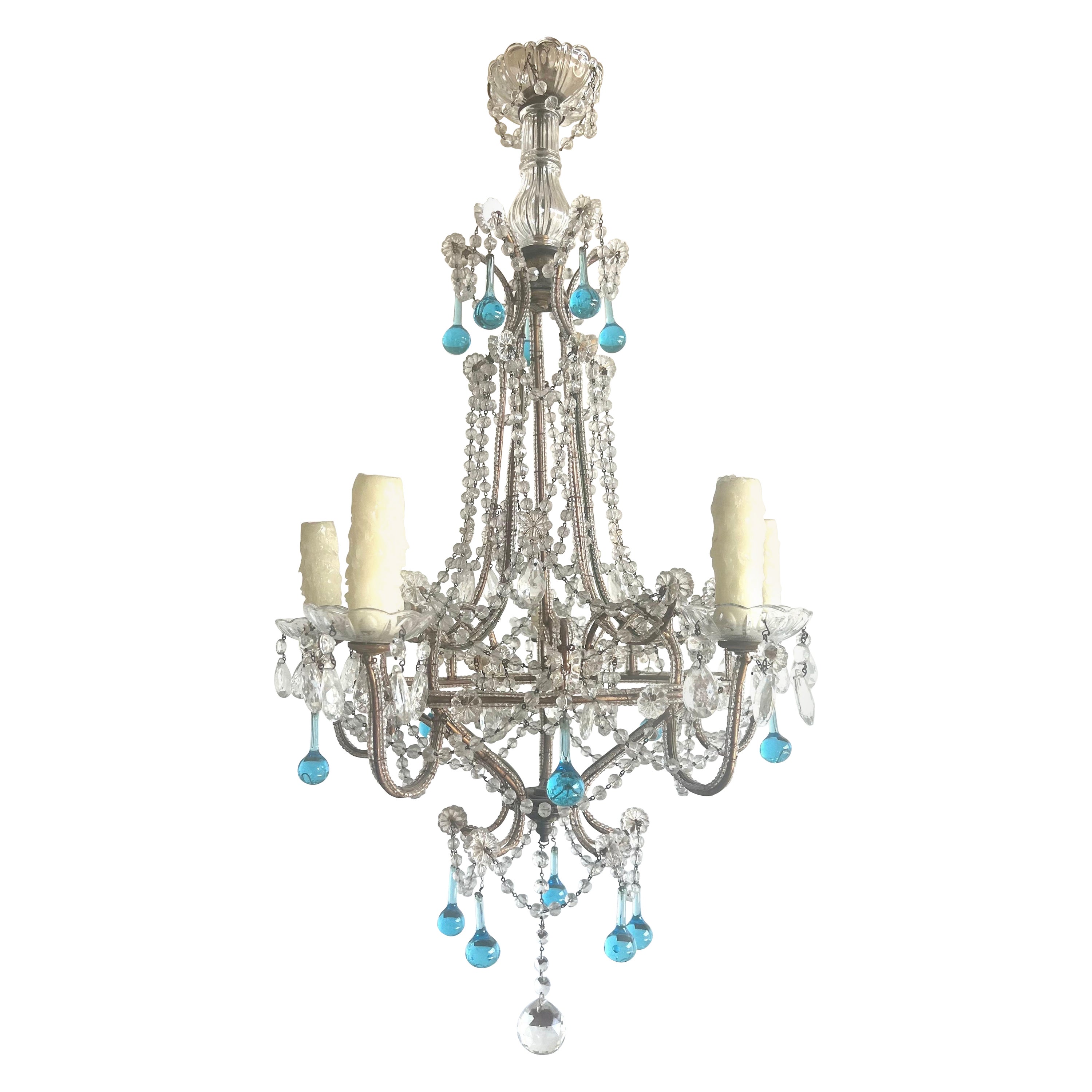 Five Light Italian Crystal Beaded Chandelier C. 1930