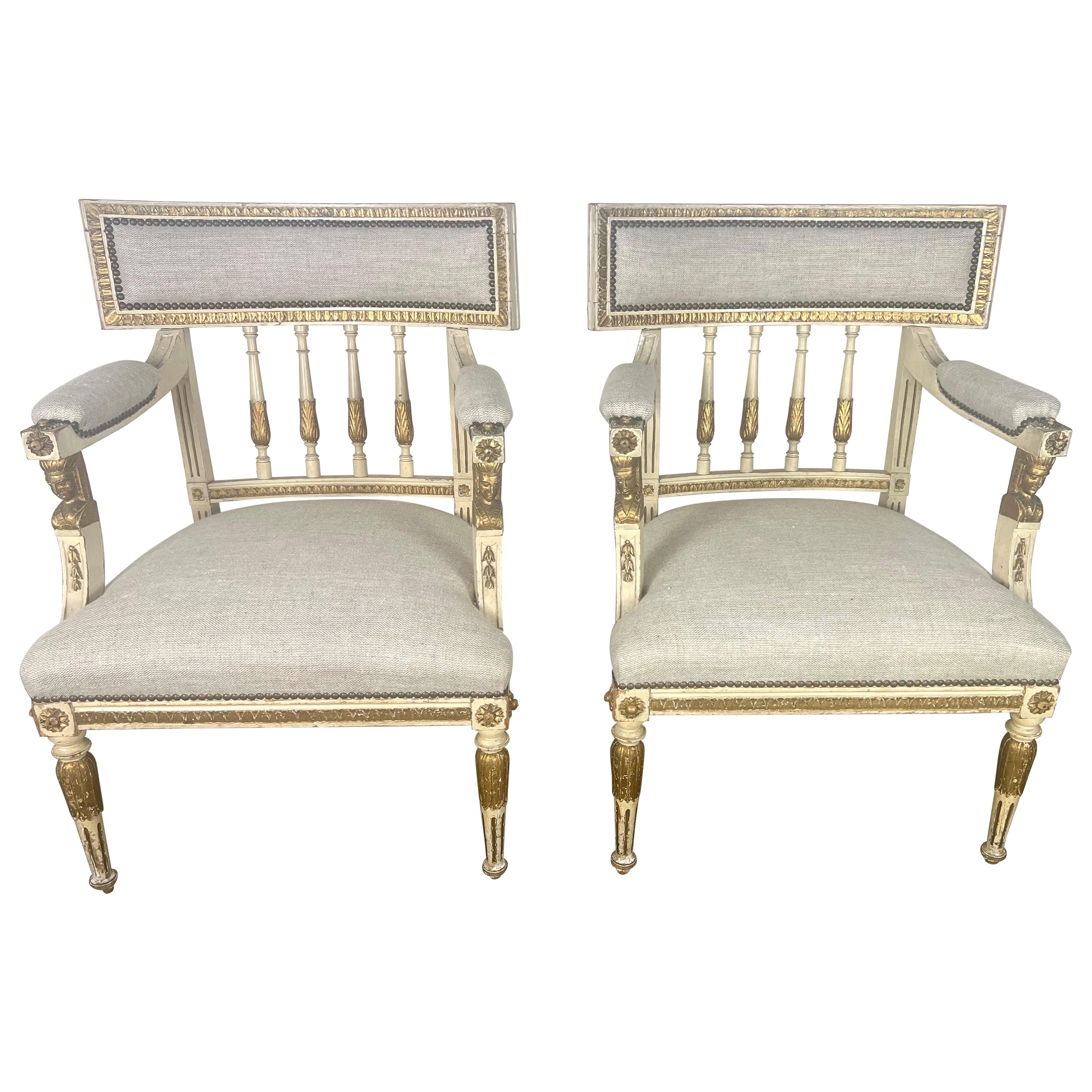 Pair of Italian Neoclassical Style Painted & Parcel Gilt Armchairs C. 1900's