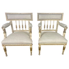 Antique Pair of Italian Neoclassical Style Painted & Parcel Gilt Armchairs C. 1900's