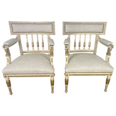 Pair of Italian Neoclassical Style Painted & Parcel Gilt Armchairs C. 1900's