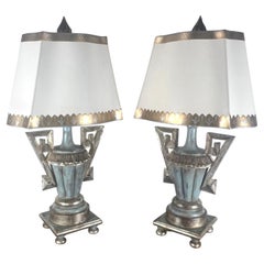 Pair of  Painted & Parcel Gilt Urn Lamps w/ Parchment Shades