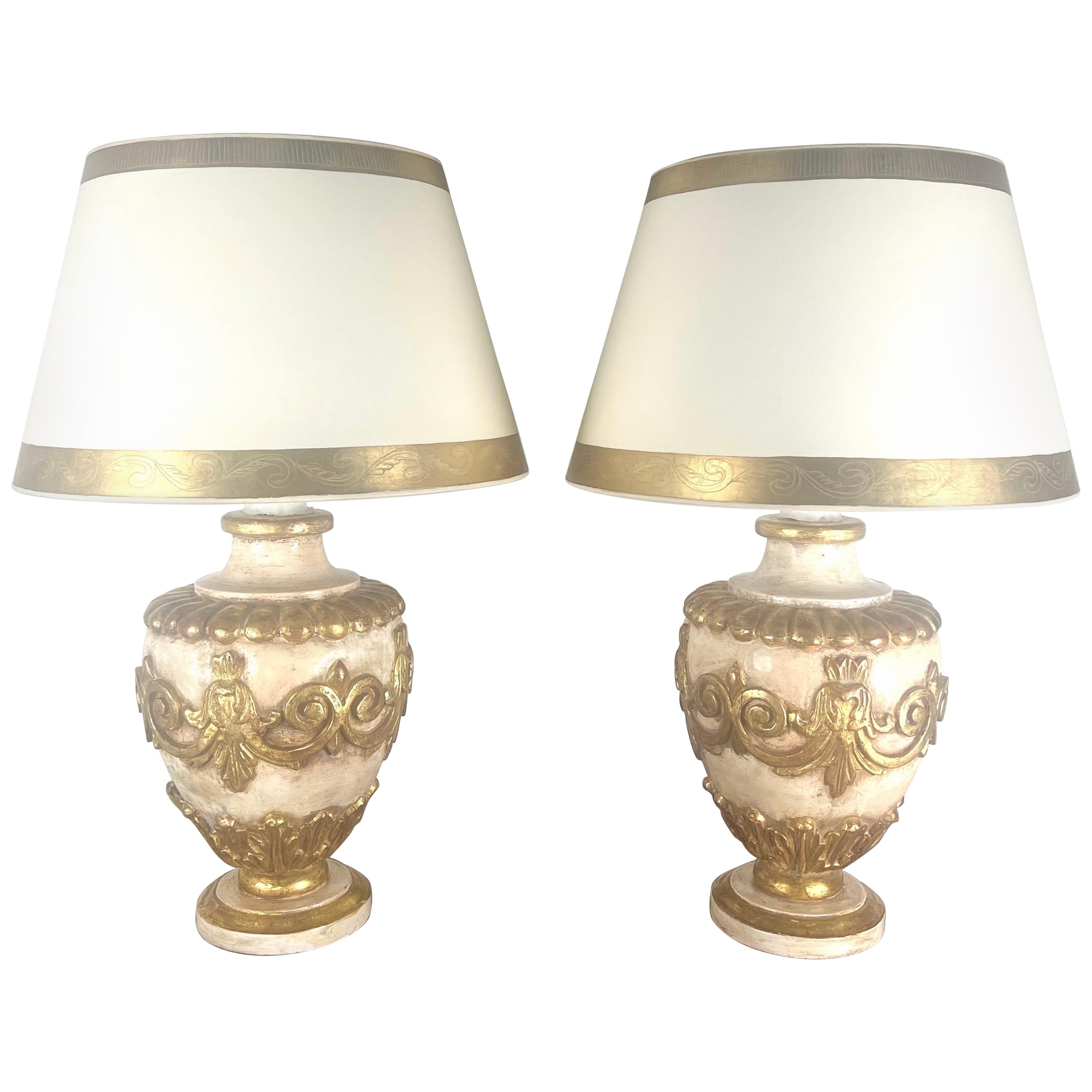 Pair of Italian Painted & Parcel Gilt Lamps w/ Parchment Shades