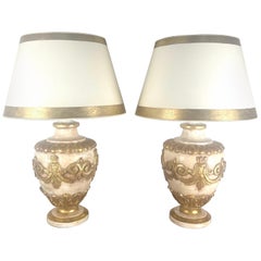 Pair of Italian Painted & Parcel Gilt Lamps w/ Parchment Shades