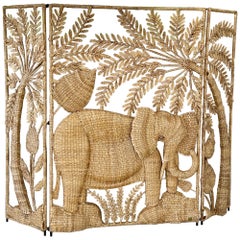 Paravento a tre pannelli con elefante e palma di Mario Lopez Torres della fine del XX secolo