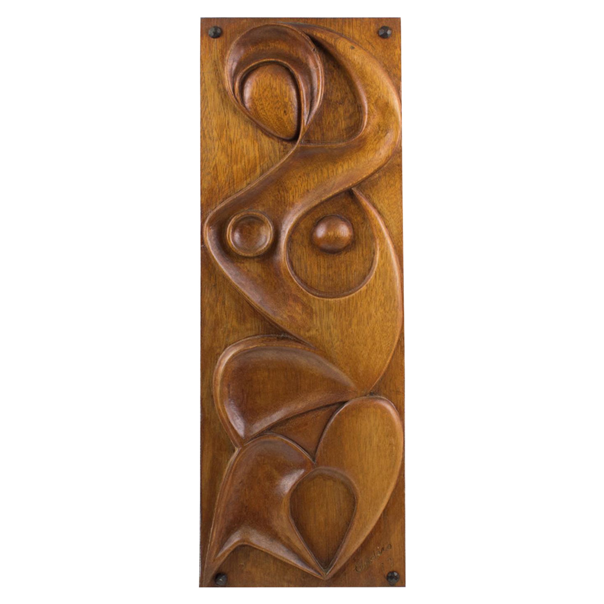 Escultura mural abstracta de madera tallada de Maxime Tendero, hacia 1973