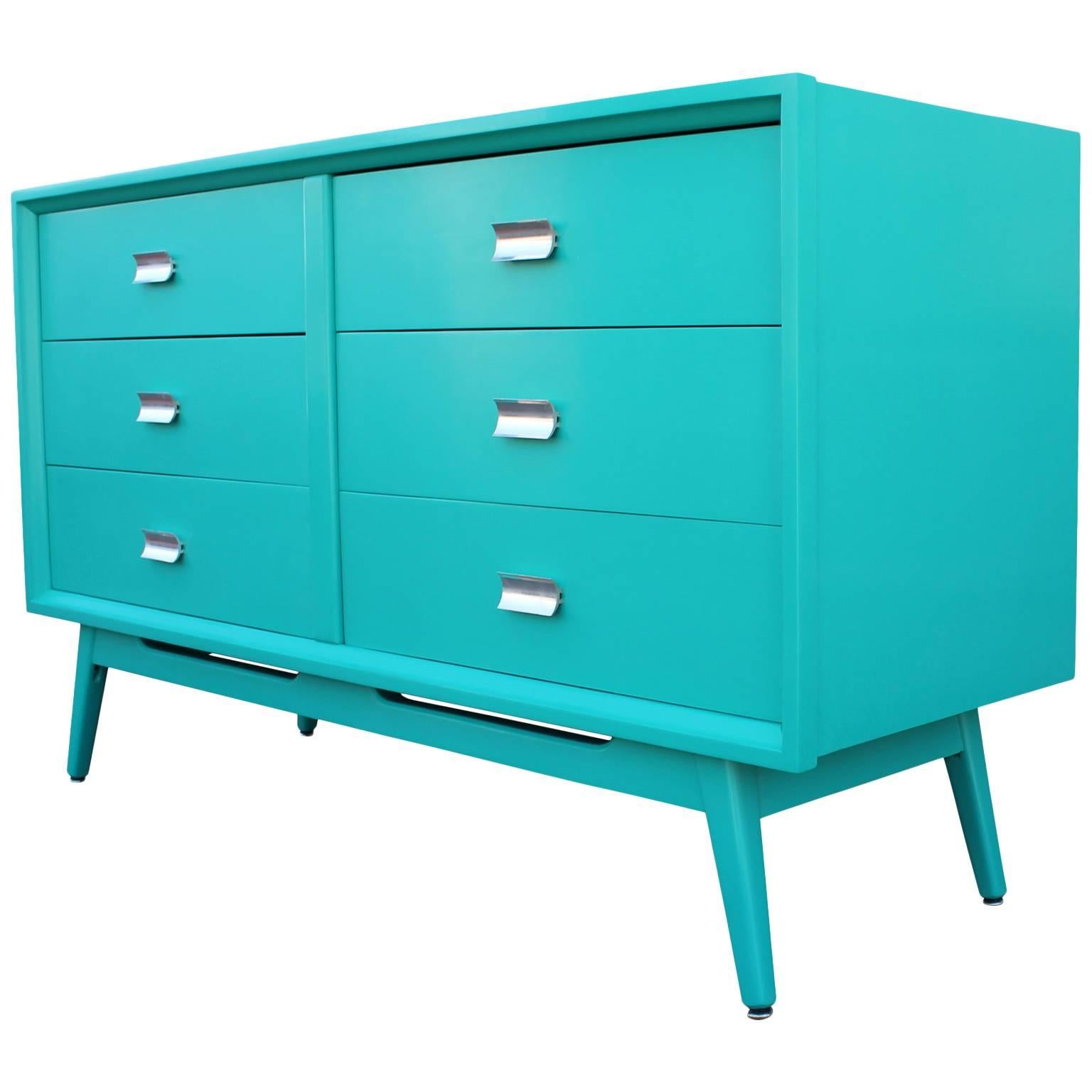 Modern Turquoise Lacquered Six Drawer Dresser with Chrome Hardware