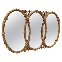 Retro Mid Century Gold Bassett Triptych Hollywood Regency Oval Wall Mirror