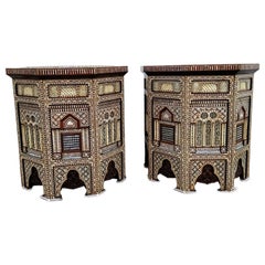 Pair Of Tall And Large Oriental Pedestal Tables In Marquetry, 20th Century