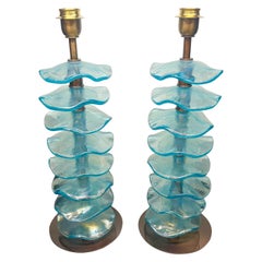 Alberto Donà Mid-Century Modern Light Blue Two Murano Glass Table Lamps 2024