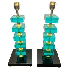 Alberto Donà Mid-Century Modern Marine Green Two Murano Glass Table Lamps 2024