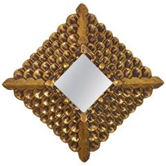 Baroque Style Carved Wood Gold Leaf Rhombus Mirror