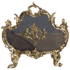French Brass Cherub and Floral Free Standing Fire Screen, Circa 1820